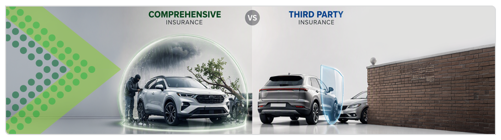 Illustration comparing comprehensive car insurance with third-party insurance using two vehicles and different cover scenarios