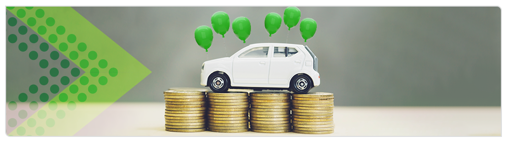 Toy car on stacks of coins with balloons illustrating vehicle finance and balloon payment costs