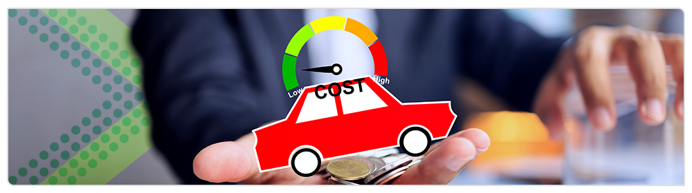 Illustration of a car, coins and a cost gauge representing vehicle insurance costs